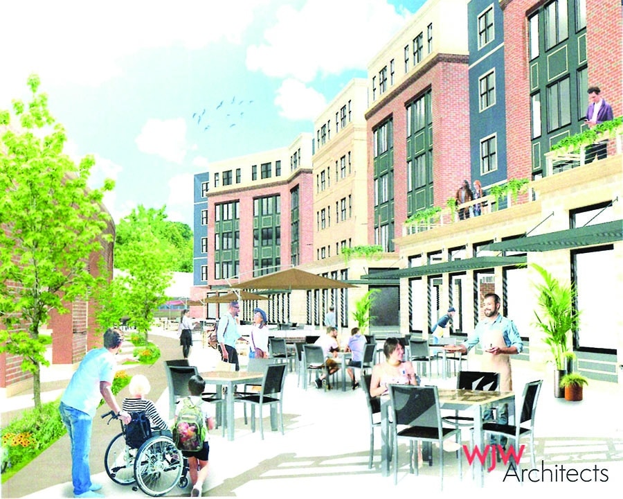 DRAWING PROVIDED BY CHICAGO HUBS REALTY
The too-good-to-be-true original plan of CHR for the former Die Cast factory site included 374 apartments, some above 25,000 square feet of retail and restaurant space.