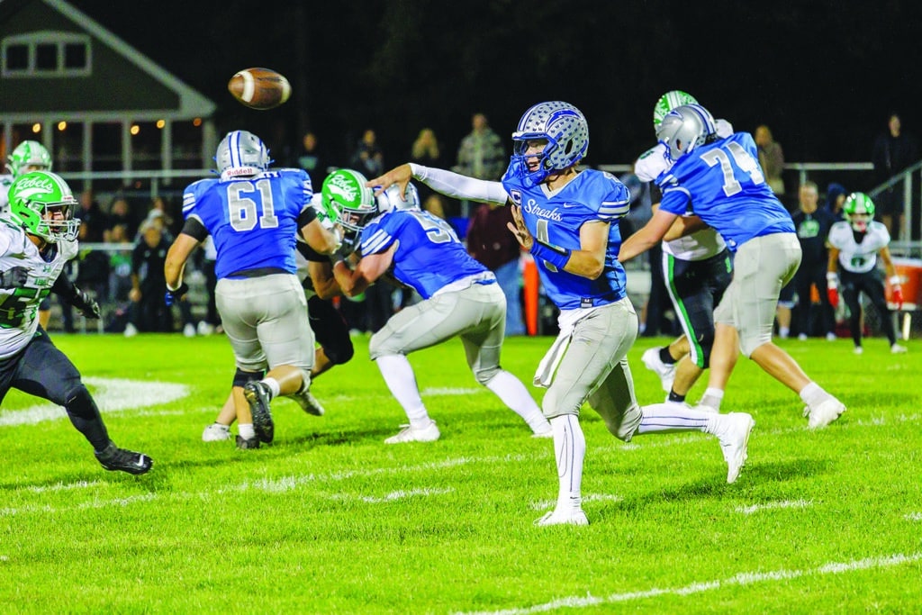  WHS senior 
quarterback Caden Thompson lets loose a pass Sept. 5 at the Blue Streaks’ first home game of the season.
Independent Photo By Andrew Rousey