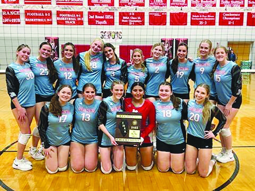 Courtesy photo.
The Marian Central volleyball team celebrates after winning the IHSA Class 1A South Beloit Regional against Christian Heritage Academy.