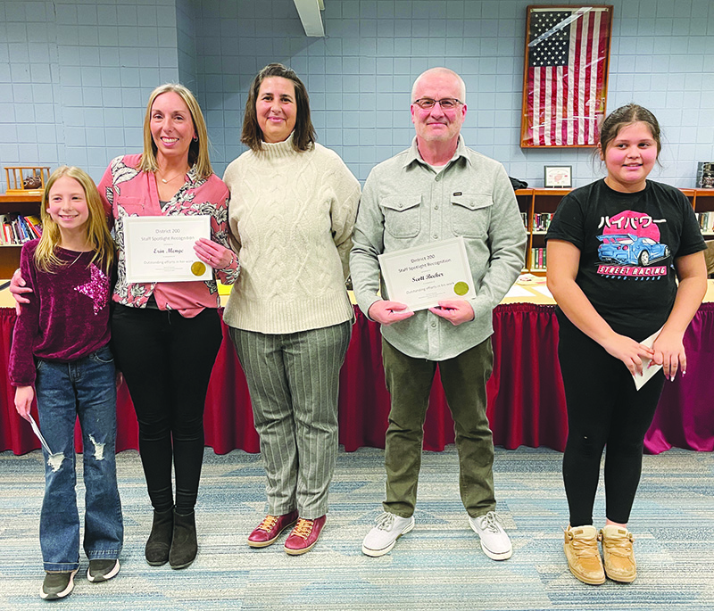 Dean Elementary School staff members were honored for exceptional efforts. Pictured (from left) are Anabelle Gibson, fifth grade; RTI associate Erin Menge; Principal Marivi Galera; special education teacher Scott Becker; and Nova Gutierre, fifth grade. 
courtesy photo 