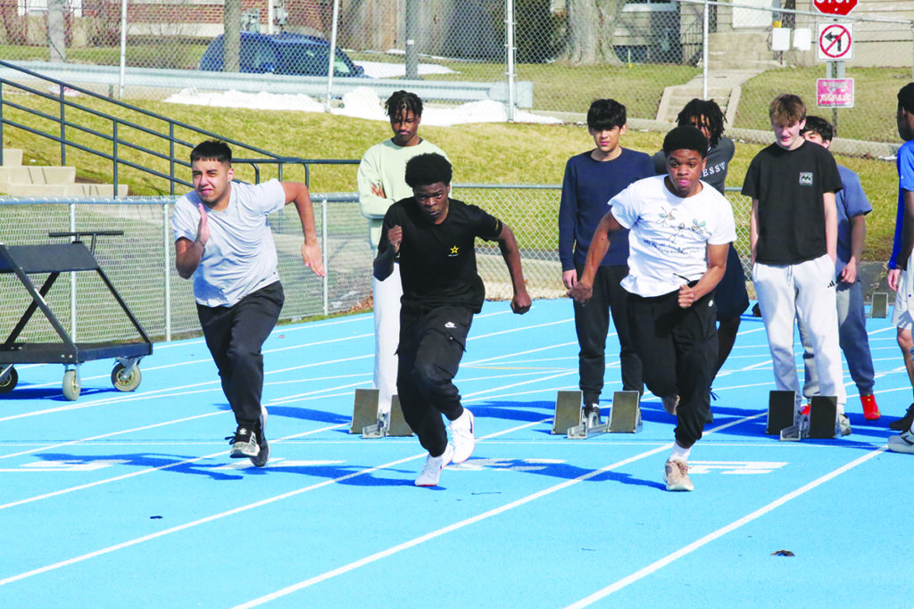 Courtesy photo by Cali Dankemeyer.
The Blue Streaks' boys sprinters get a good grip out of the blocks on the new track. Pictured (from left) are junior DiAngelo Benavidez and freshmen Josh Rankin and Amiriyon Harper.